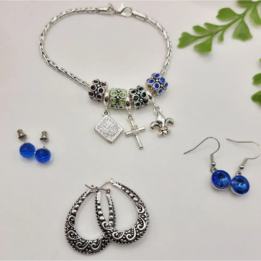 Jewelry Bundle Silvertone Charm Bracelet  Blue and Green & 3 Pair Earrings